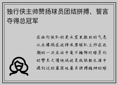 独行侠主帅赞扬球员团结拼搏，誓言夺得总冠军
