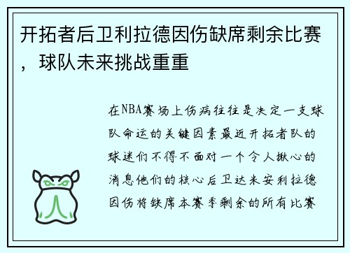 开拓者后卫利拉德因伤缺席剩余比赛，球队未来挑战重重